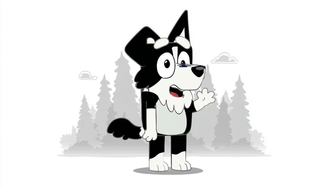 Mackenzie border collie showing adventurous personality type among Bluey characters.