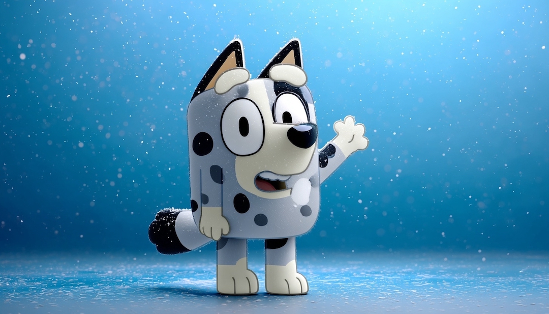 Muffin with enthusiastic wave showing spirited personality among Bluey character types.