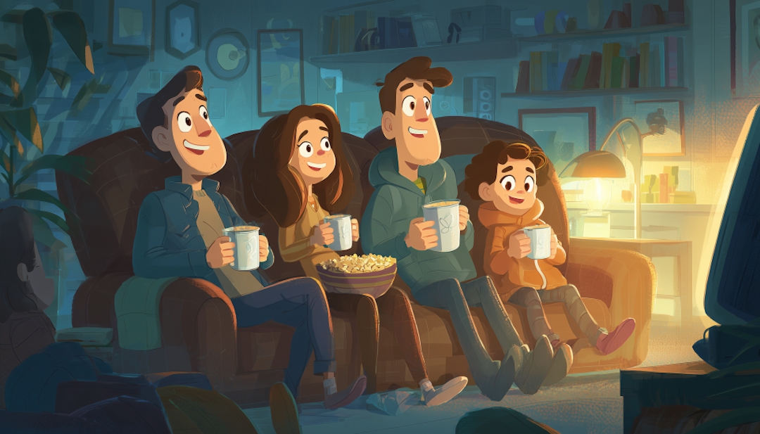 Family watching TV together illustrating adult appreciation of Bluey personality types.
