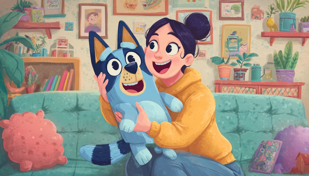 Person hugging Bluey toy illustrating connection to Bluey personality types quiz.