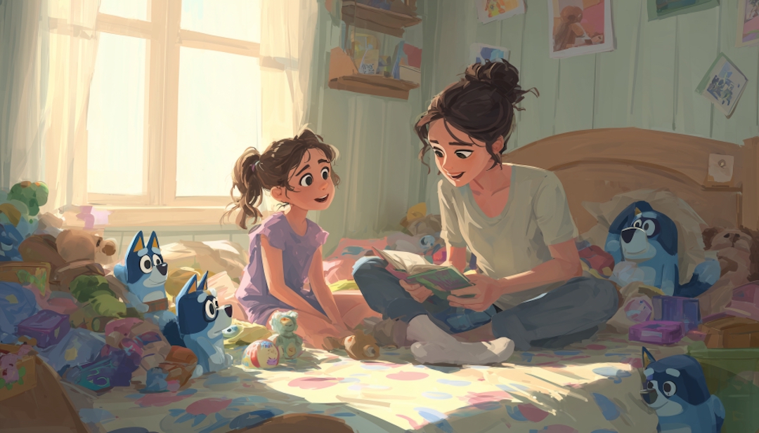 Parent and child with blue dog toys representing Bluey character personality types.