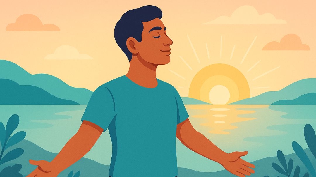 Person recovering from burnout-prone personality stress through mindfulness and nature connection.