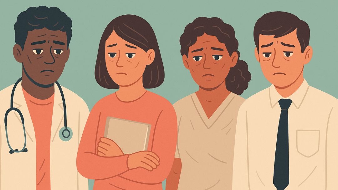 Professional burnout affecting diverse workers including doctor, teacher, caregiver, and office professional showing exhaustion across different career fields.