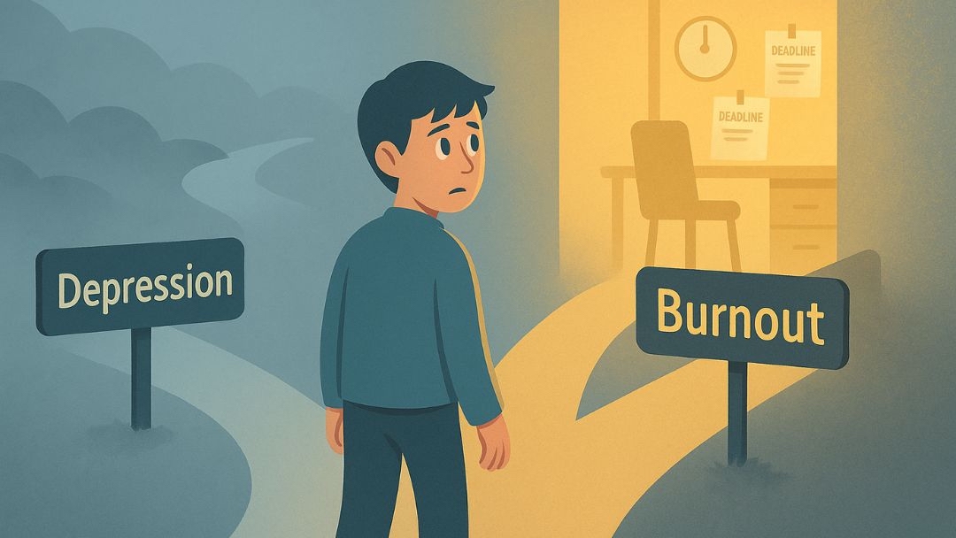 Burnout versus depression shown with confused person at crossroads between dark depressive path and bright office with looming deadlines representing burnout.