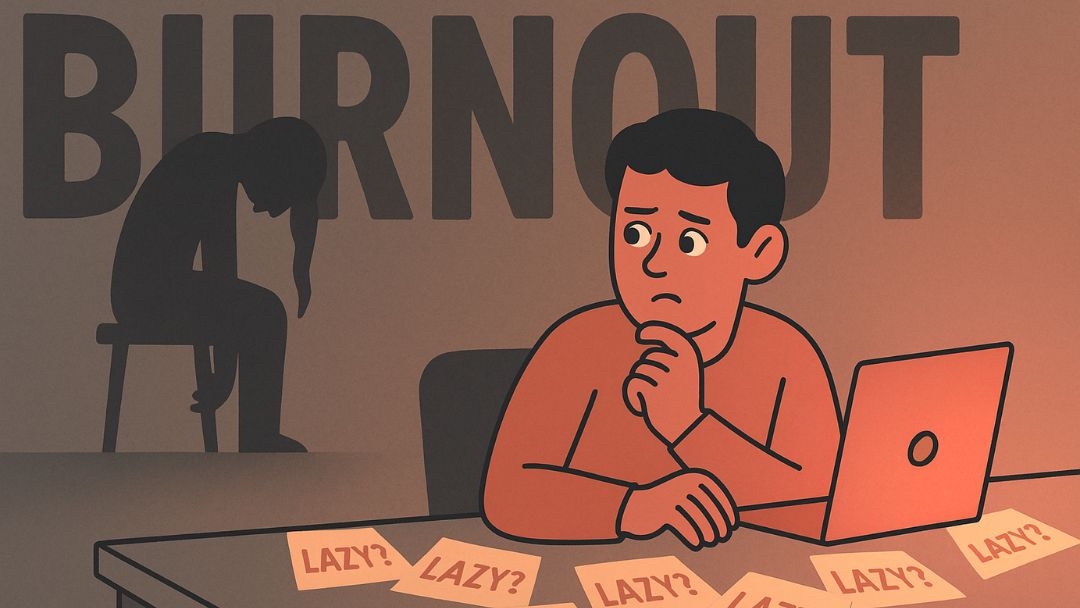 Burnout misidentified as laziness with exhausted worker at laptop surrounded by 'lazy' sticky notes and shadow showing dejection.