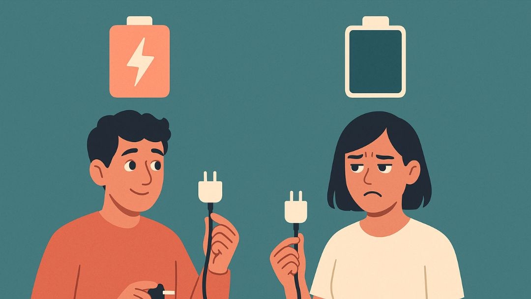 Burnout recovery contrasting energized person with charged battery and depleted person with empty battery holding power plugs symbolizing recharge.