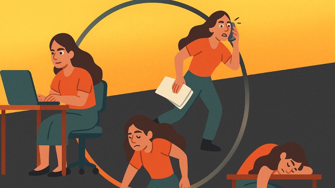 Burnout progression showing woman working at laptop, becoming stressed and frantic with documents, crawling exhausted on downward spiral path, ending collapsed on desk.