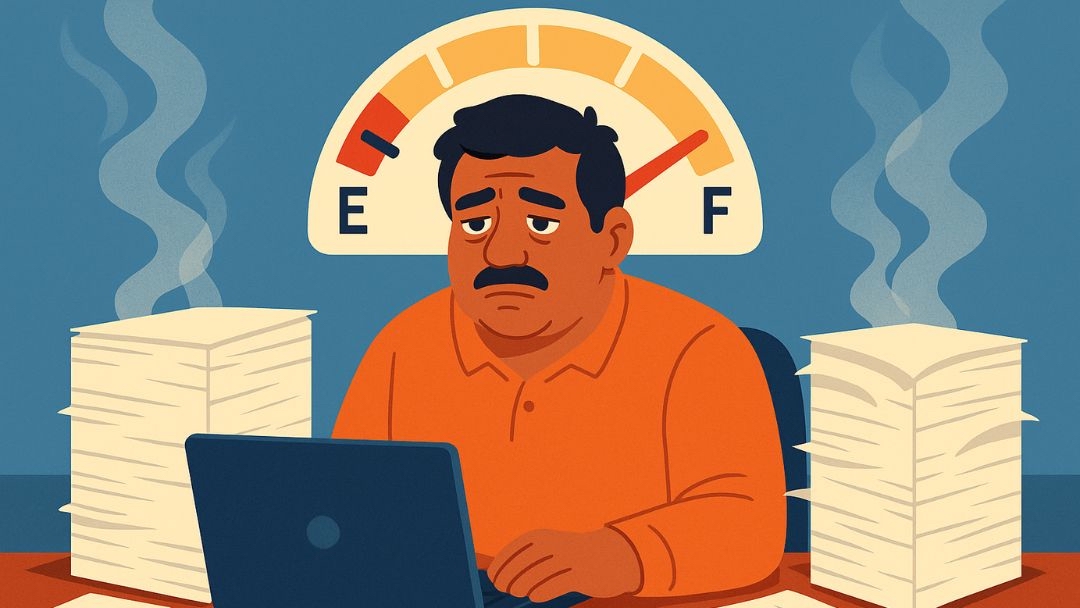 Exhausted man at desk with piles of paperwork showing signs of burnout and work stress.