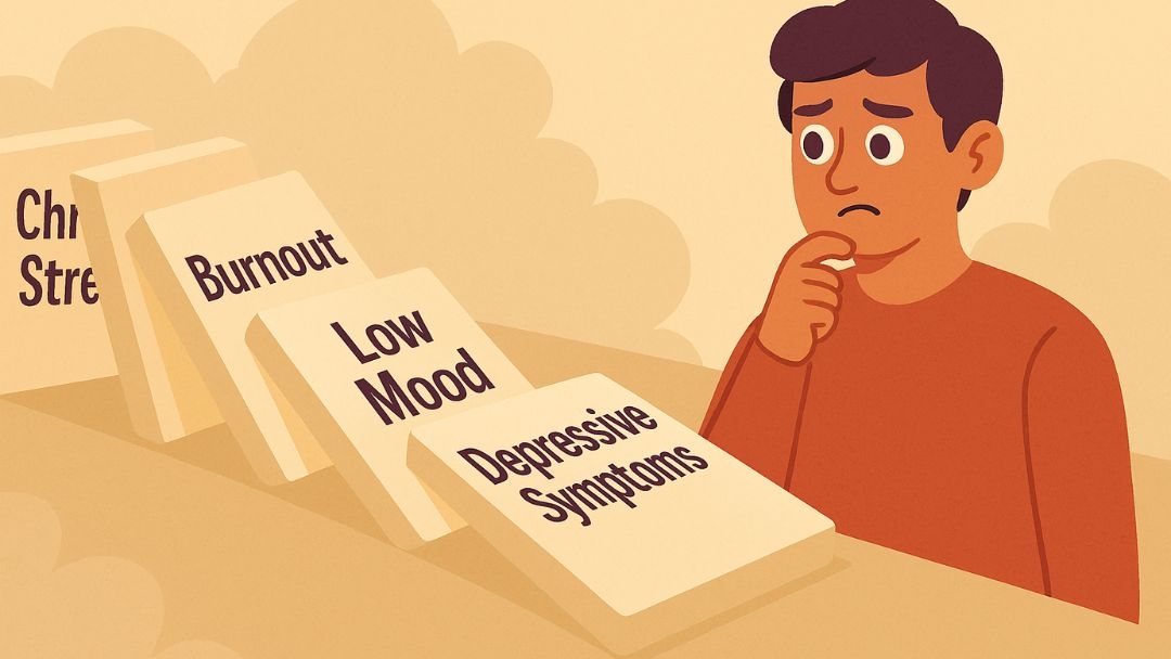 Man observing domino effect from burnout to depression showing progression of mental health conditions.