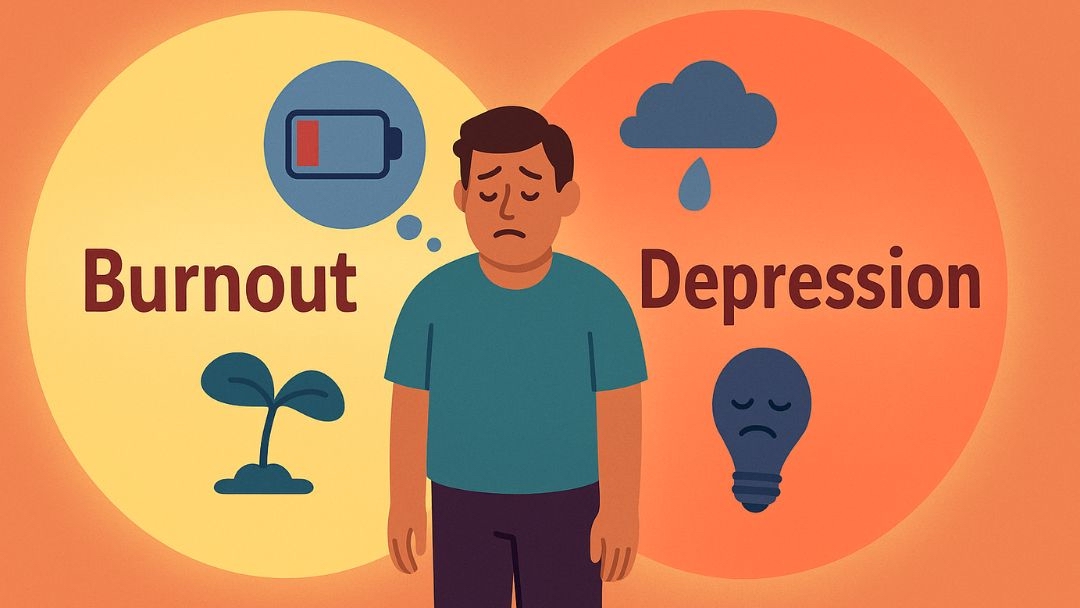 Visual comparison showing differences between burnout and depression symptoms with distinct indicators.