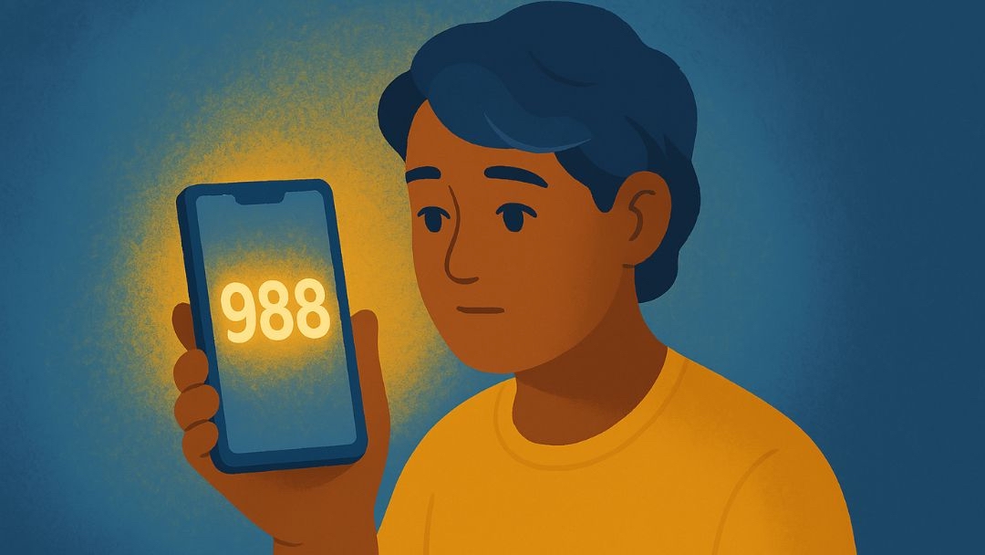 Person holding phone with 988 crisis helpline for professional help with depression or burnout.