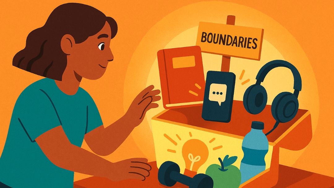 Woman organizing self-care tools and setting boundaries to overcome burnout and depression.