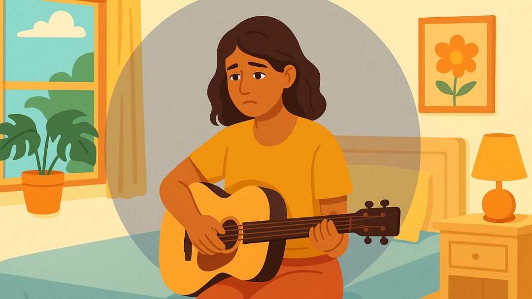 Sad woman with guitar at home showing symptoms of depression and low mood.