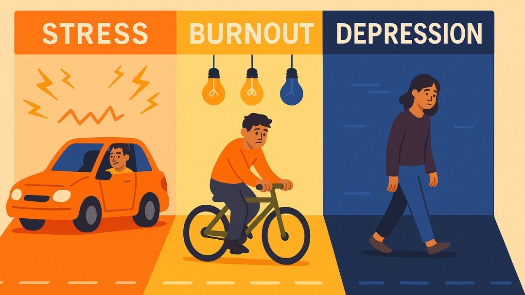 Three-panel comparison illustrating differences between stress, burnout, and depression states.