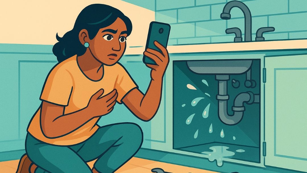 Woman calling out of work due to home emergency with leaking pipe.