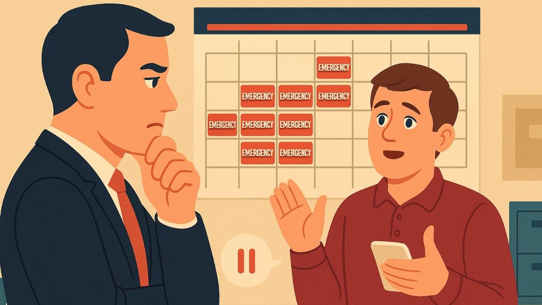 Employee giving poor reasons to call out of work with calendar showing excessive absences.
