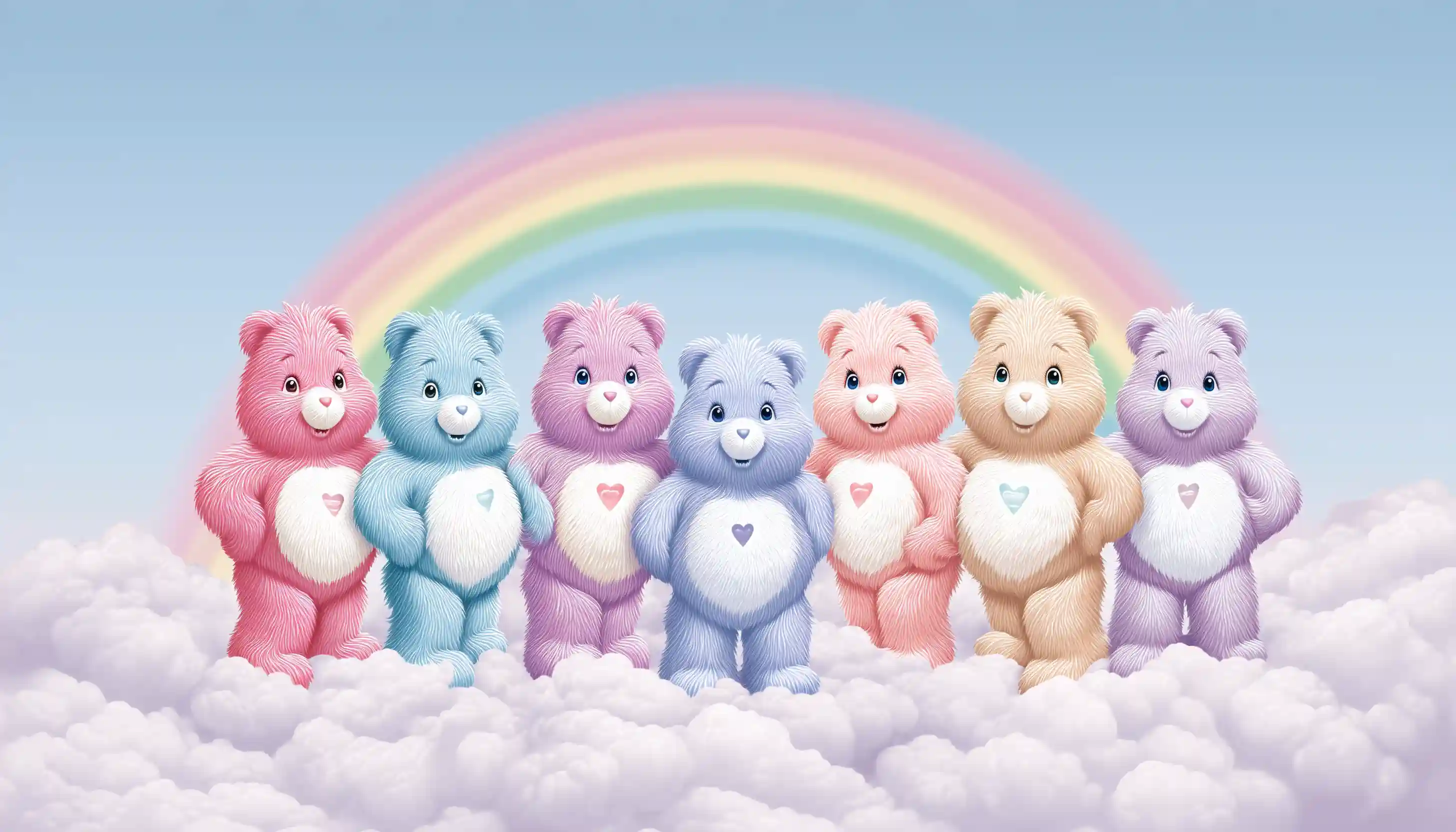 Care Bears with rainbow teaching emotional intelligence and EQ tips on clouds.