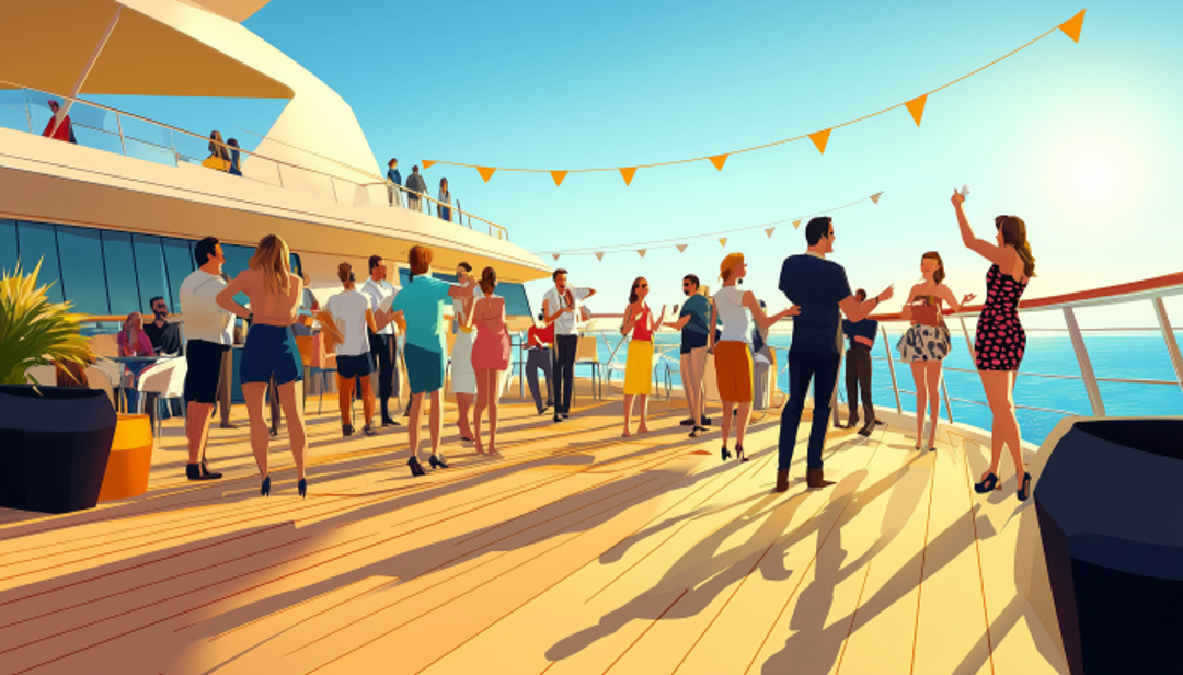 Cruise ship staff entertaining guests in hospitality extrovert travel career role.
