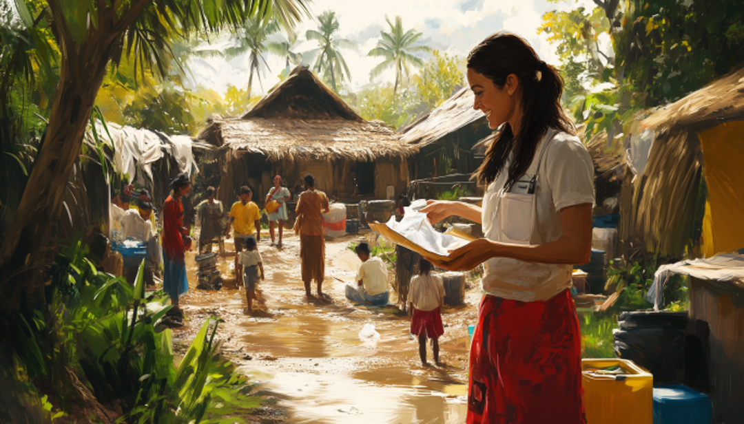Aid worker in tropical village representing humanitarian extrovert travel careers abroad.