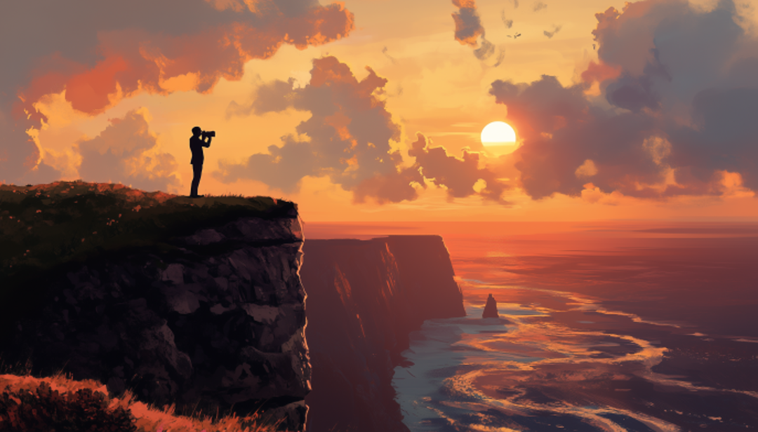 Photographer capturing sunset on cliff exemplifying adventure extrovert travel careers.