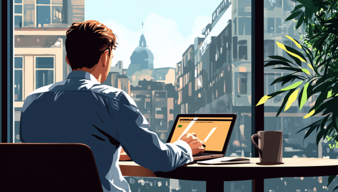 Digital nomad working remotely in city showcasing flexible extrovert travel career lifestyle.