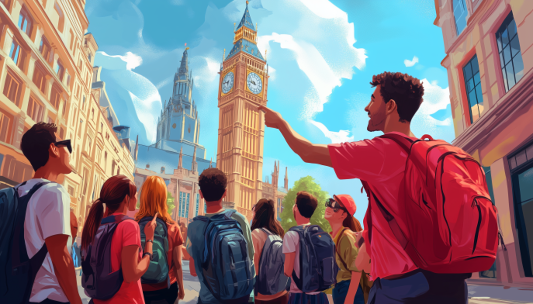 Tour guide leading group in London representing extrovert travel careers in tourism industry.