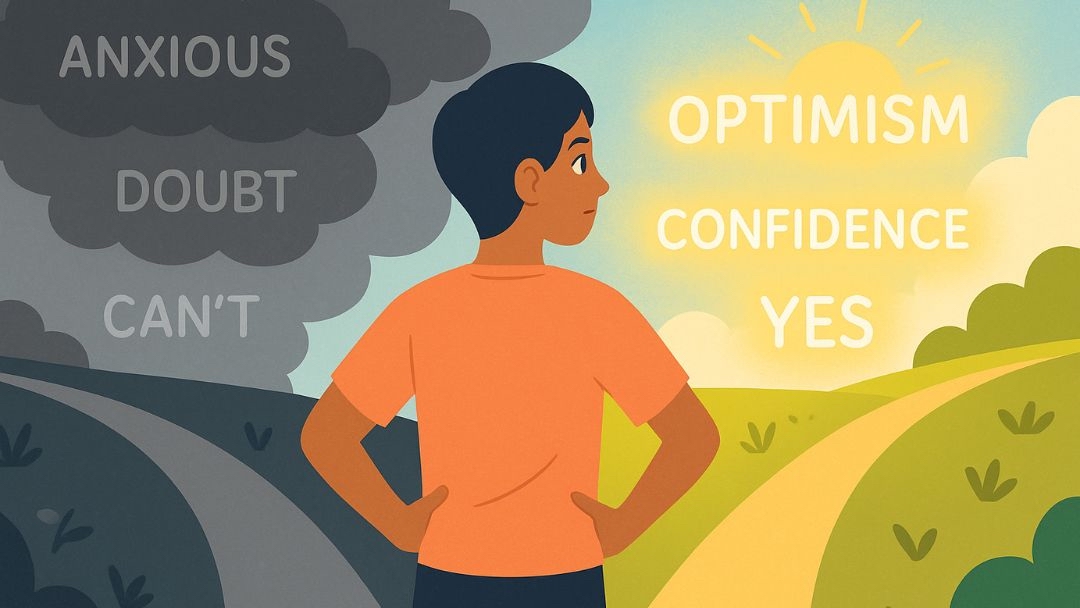 Person standing between dark clouds of negative thoughts and bright sunny landscape using positive self-talk to chase away the blues.