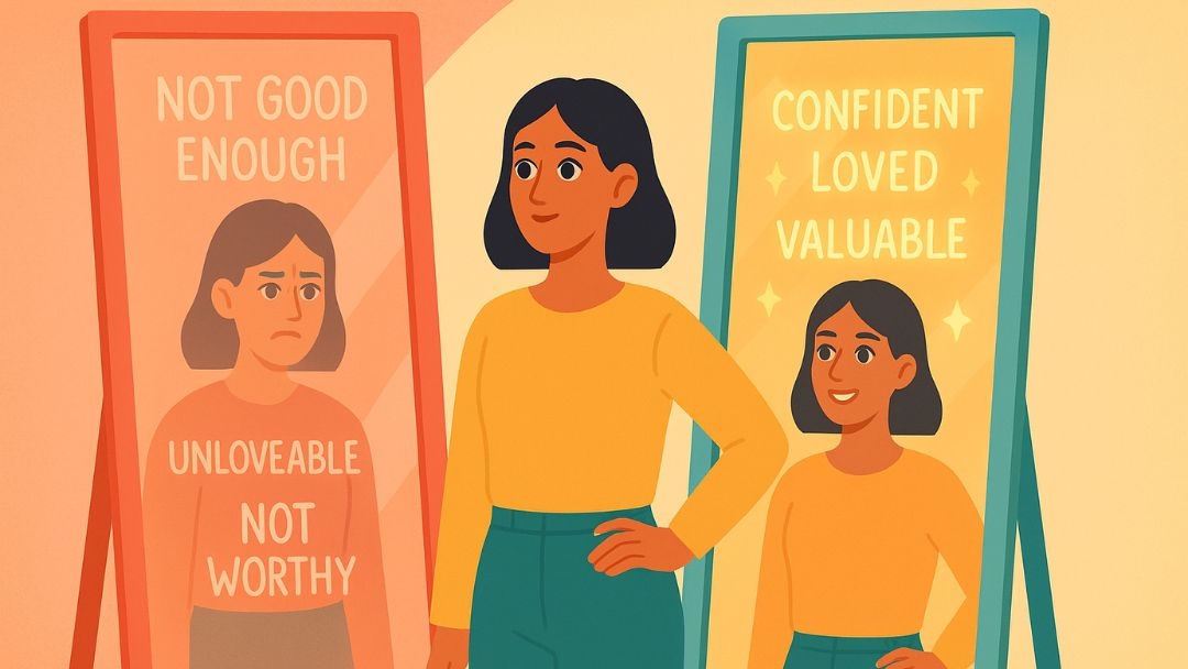 Woman looking at two mirrors showing negative and positive self-talk reflections to chase away the blues.