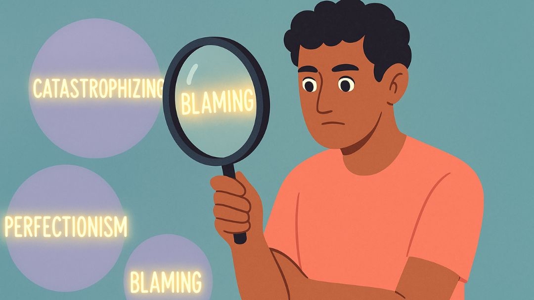 Person examining negative thought patterns with magnifying glass to chase away the blues.