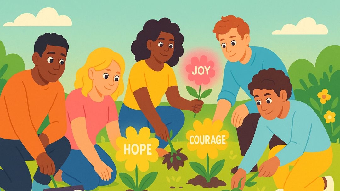 Group of diverse people planting flowers labeled joy, hope, and courage to chase the blues away together.