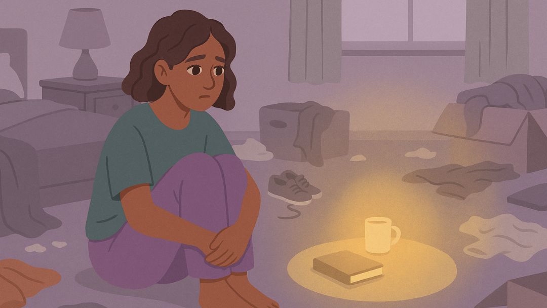 Avoidant cleaning personality type overwhelmed by messy cluttered room while avoiding cleaning tasks.