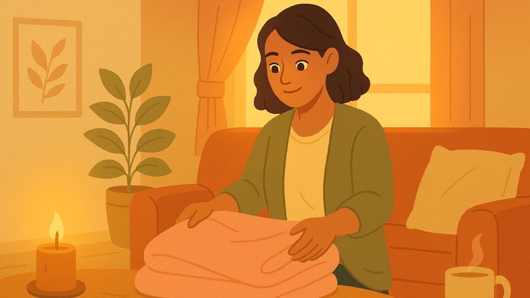 Comfort cleaning personality type folding laundry in cozy relaxed home environment.