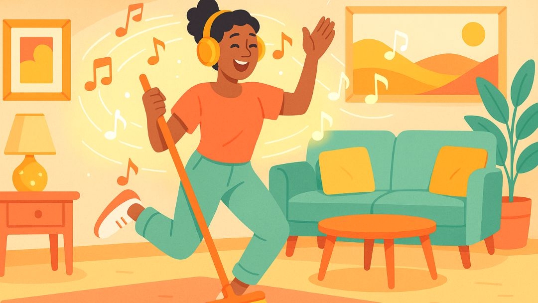 Creative cleaning personality type dancing and listening to music while cleaning living room.