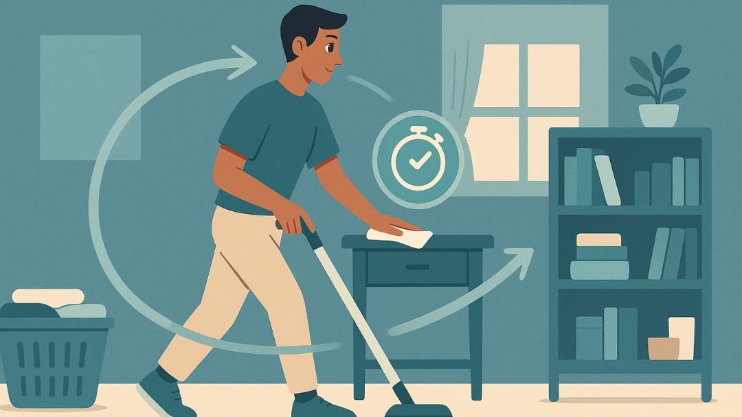 Efficiency cleaning personality type moving quickly through room with timer and systematic cleaning route.