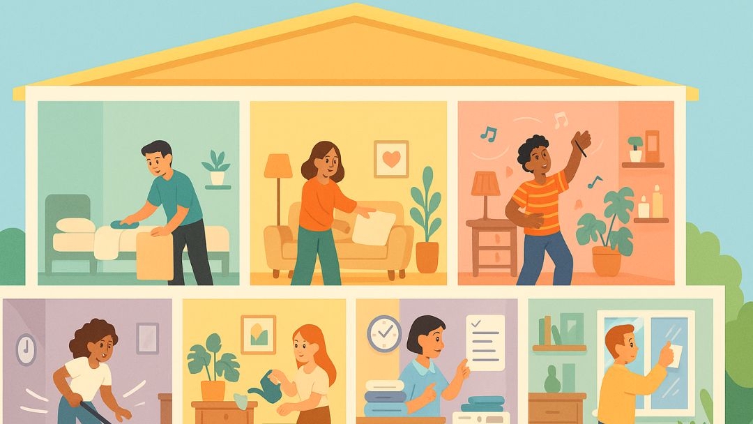 Different cleaning personality types shown through various cleaning styles and approaches in home rooms.