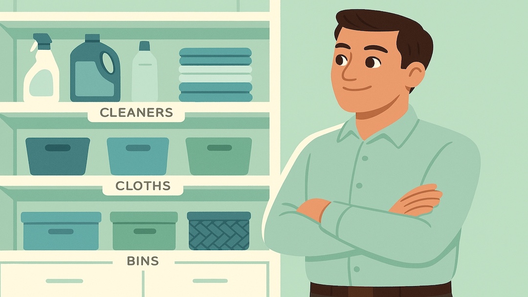 Perfectionist cleaning personality type with organized labeled shelves for cleaners, cloths, and bins.