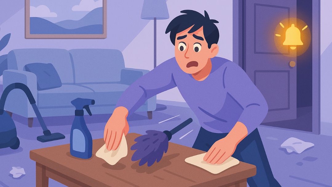 Reactive cleaning personality type responding urgently to mess with cleaning supplies at night.