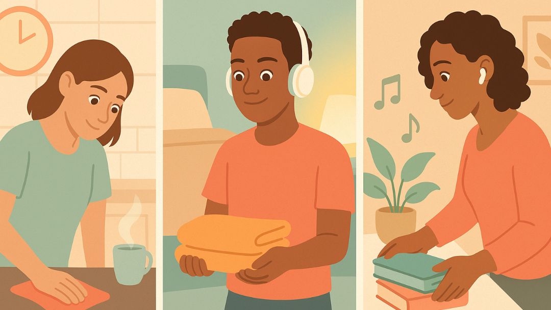 Different cleaning personality types using varied time management approaches for household tasks.