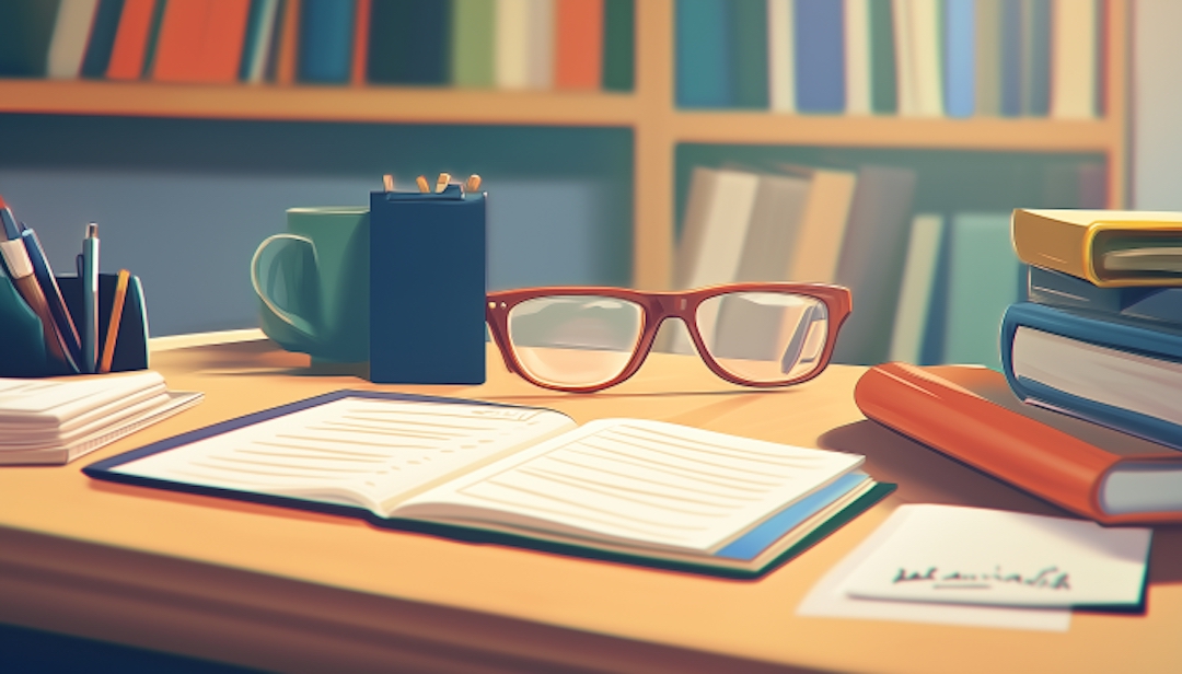 Casual desk setup with open book and creative materials showing low conscientiousness workplace style.