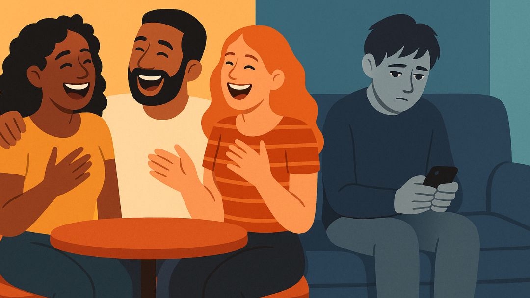 Person experiencing depression isolation while friends enjoy social gathering nearby.