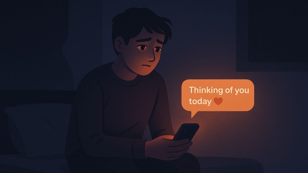 Person with depression receiving supportive text message offering care and connection.
