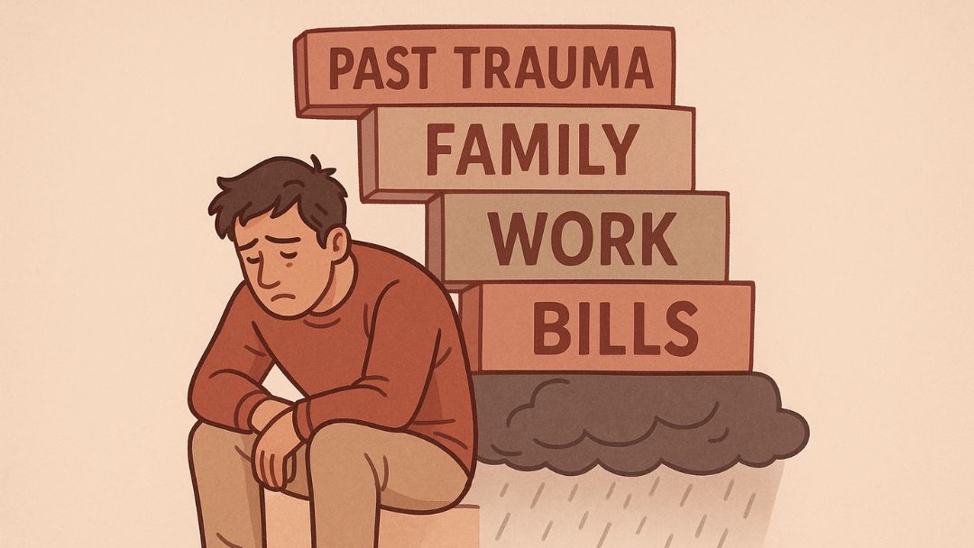 Person sitting under weight of depression risk factors like trauma, family history, work, and bills.
