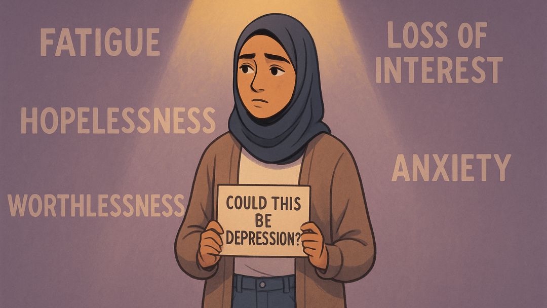 Woman holding sign asking 'could this be depression' surrounded by symptoms like fatigue, hopelessness, and anxiety.
