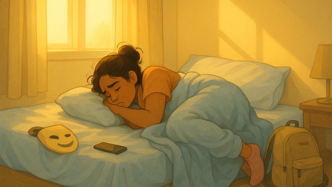 Woman lying in bed showing signs of depression with mask nearby representing hidden emotions.