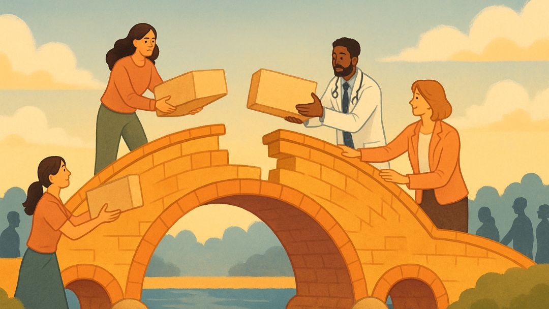 People building bridge together with doctor symbolizing overcoming depression through support and professional help.