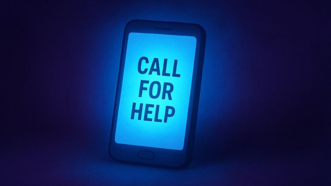 Phone displaying 'call for help' message for depression crisis support and mental health helplines.
