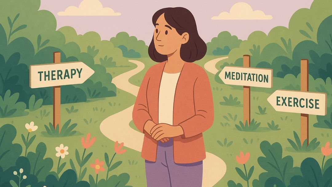 Woman at crossroads choosing depression treatment options including therapy, meditation, and exercise.