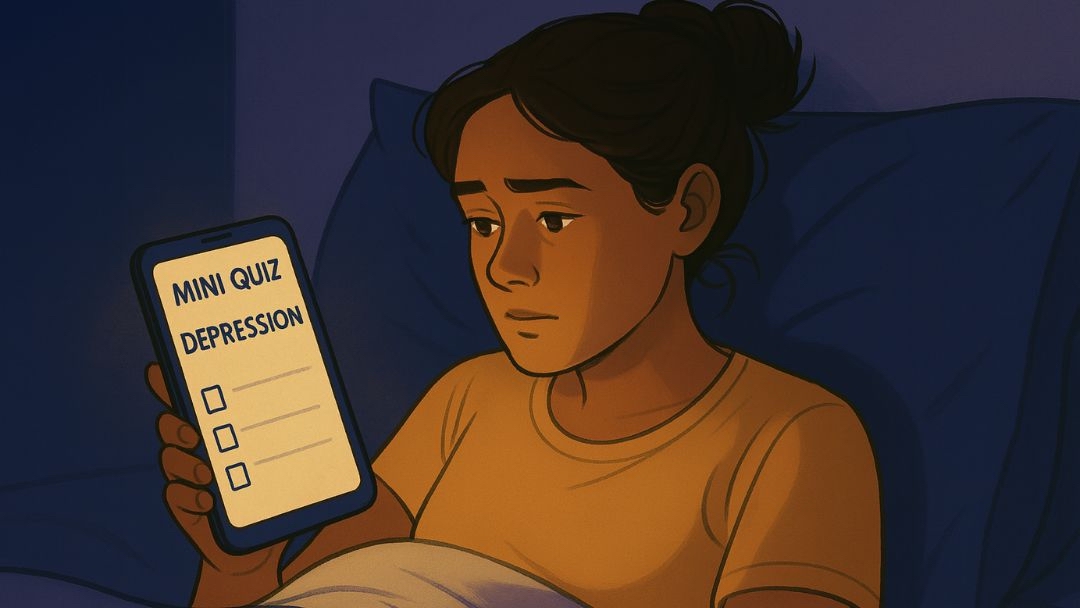 Person taking online depression quiz on phone to assess if they have depression symptoms.