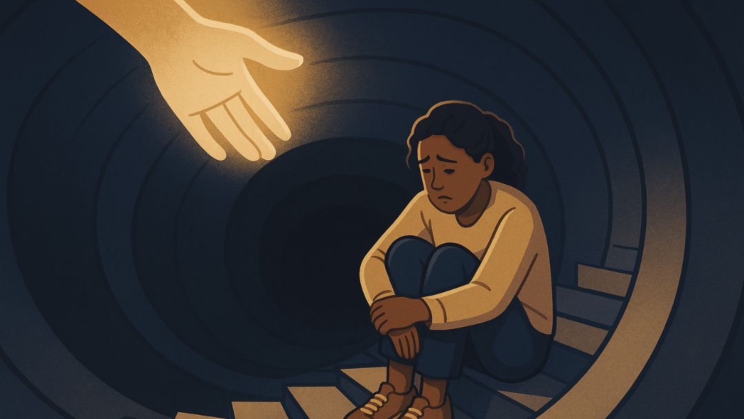 Person sitting alone in darkness with depression as helping hand reaches out offering support.