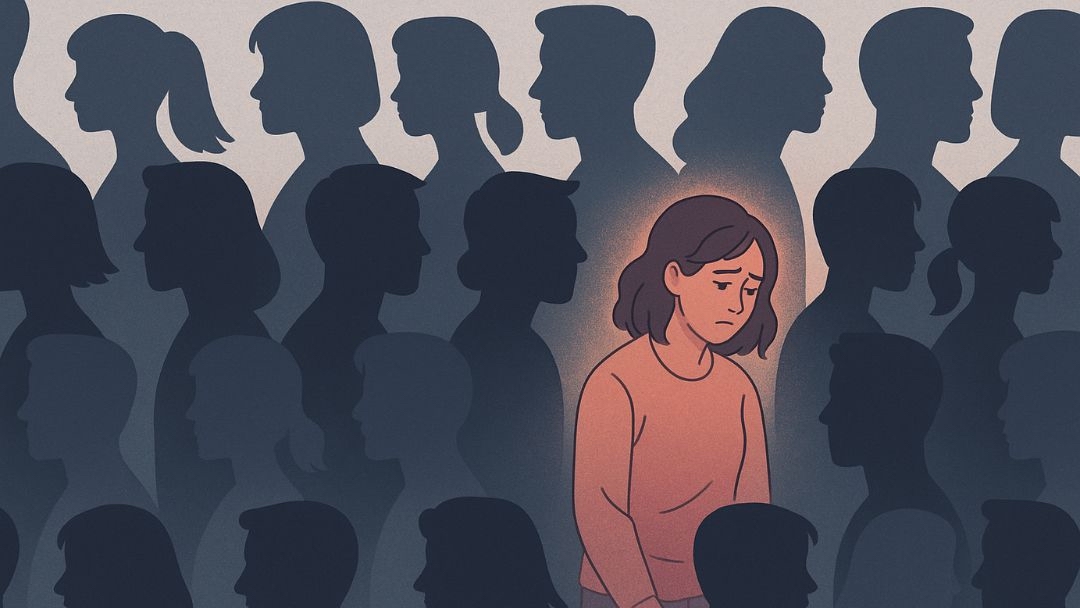 Woman feeling isolated in crowd illustrating how common depression symptoms affect many people.